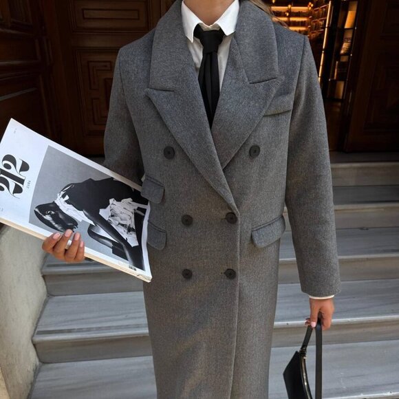 Gray Premium Wool Blend Long Coat - Picture 3 of 6